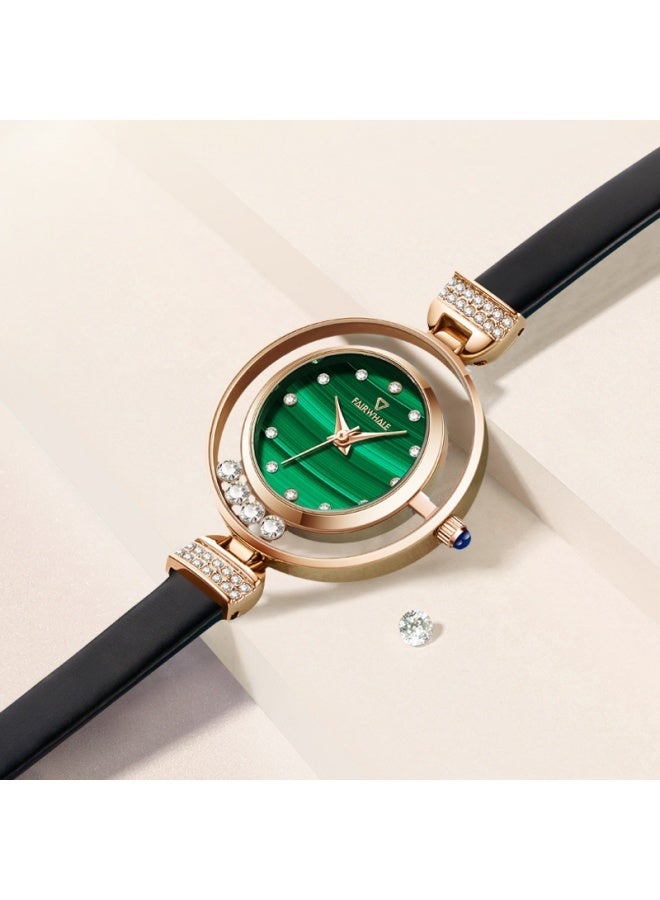 Mark Fairwhale Women's Diamond-Decorated Quartz Watch, Green Dial with Black Leather Strap and Gold Case, Water-Resistan - Image 3